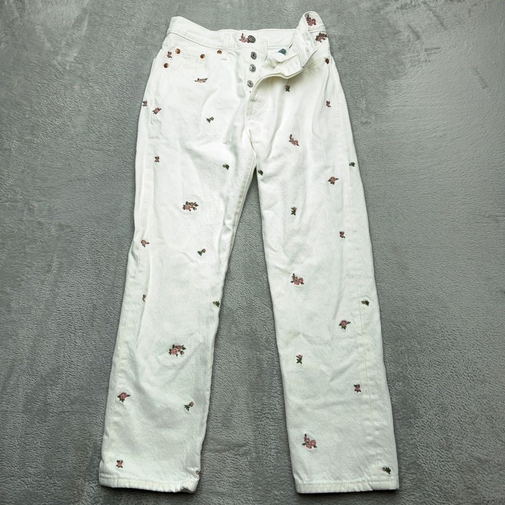 Levis 501 Original Straight Jeans Womens 24 White Pink Floral Embroidered 36200